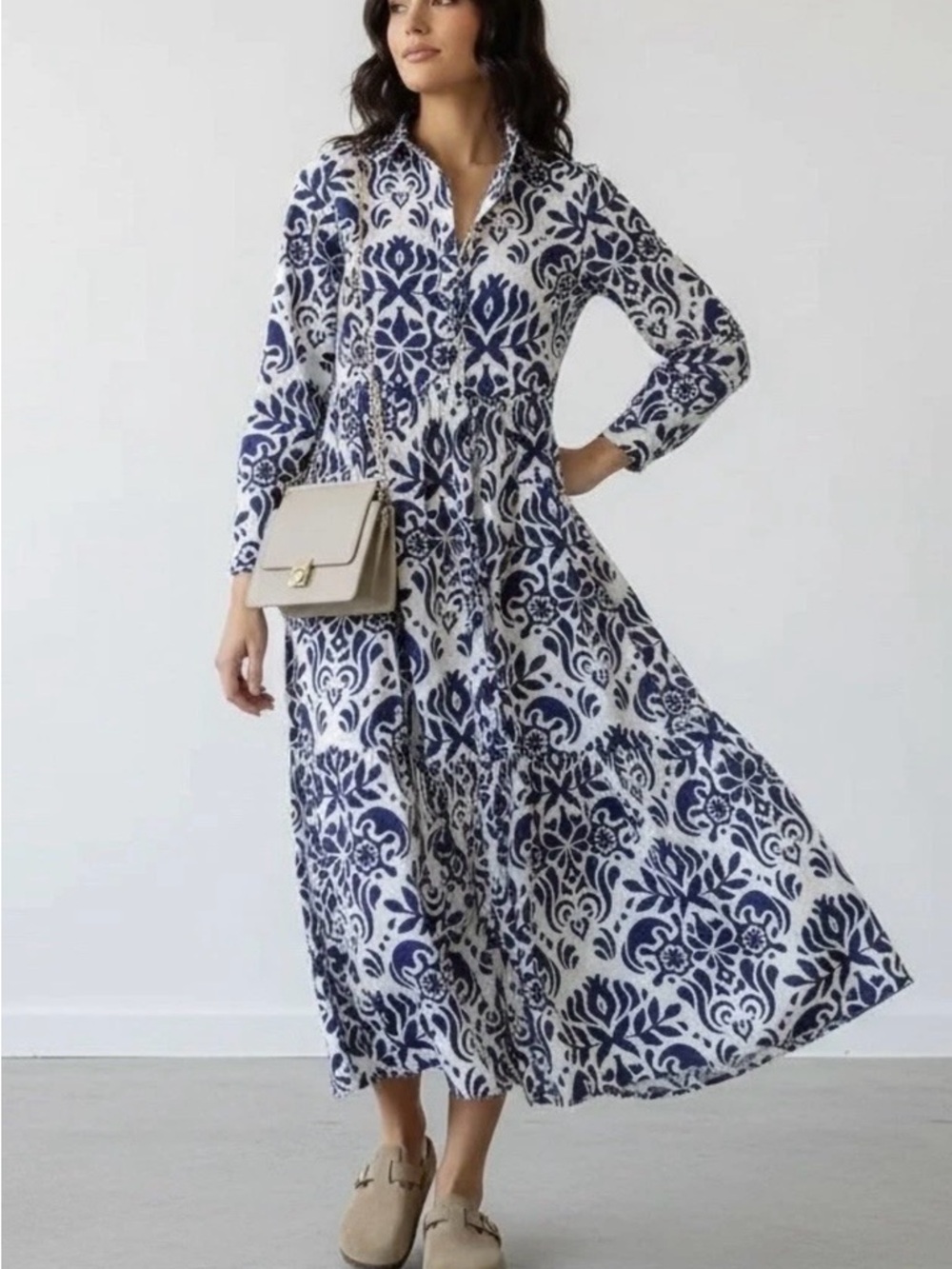Zara Navy White Damask Print A-Line Long Sleeve Midi Shirt Dress Size XL - Picture 7 of 8